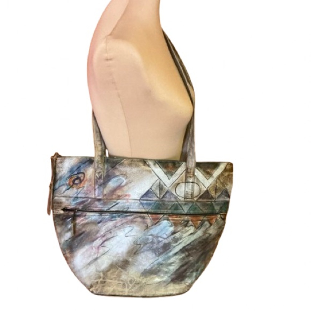 Vtg Jane Yoo hand painted oversized leather bag